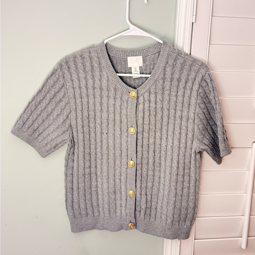 H&M Cable Knit Short Sleeve Cardigan Large Gray